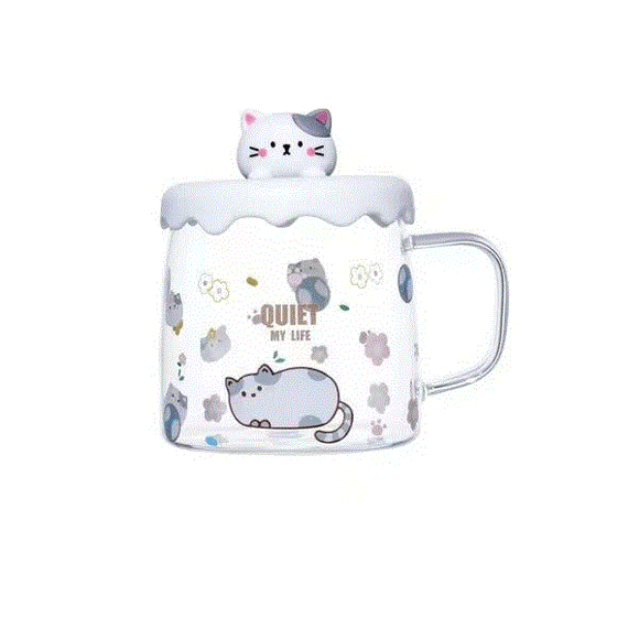 Glass Mug w/ Lid Gentle Cat 14oz