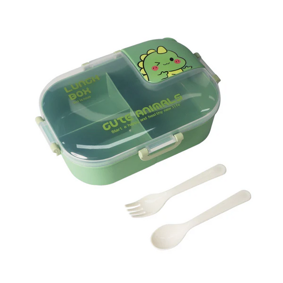 Lunch Box with Fork and Spoon Green Dino