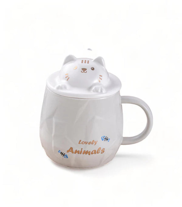 Mug with Lid Spoon Cat Gray 14.5oz