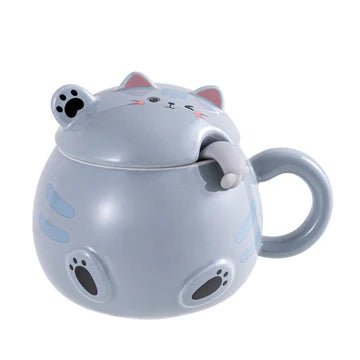 Mug with Lid and Spoon Cat Gray 15oz