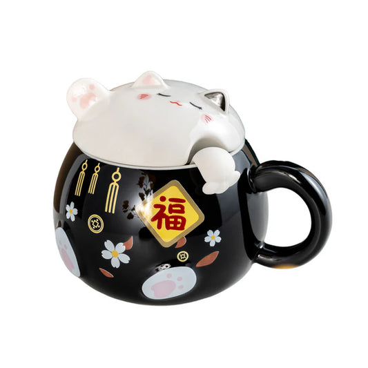 Mug with Lid and Spoon Lucky Cat Black