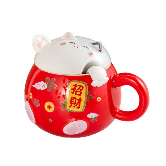 Mug with Lid and Spoon Lucky Cat Red
