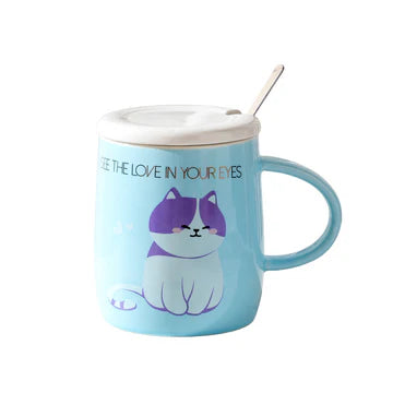 Mug with Lid and Spoon Cat Blue 13.5oz