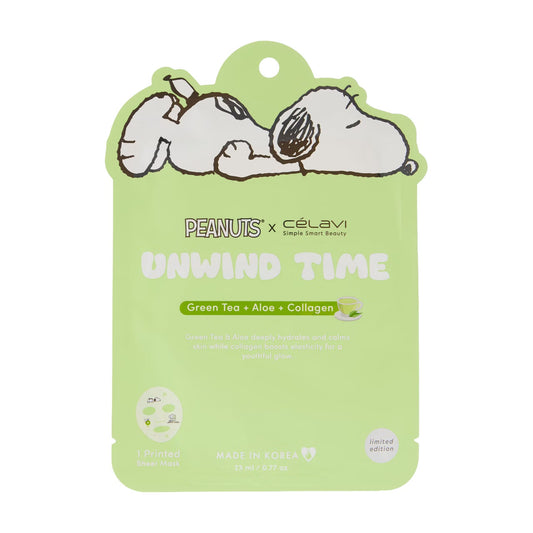 Celavi Peanuts Snoopy Unwind Time Face Mask 1pc (Green Tea & Aloe Collagen)
