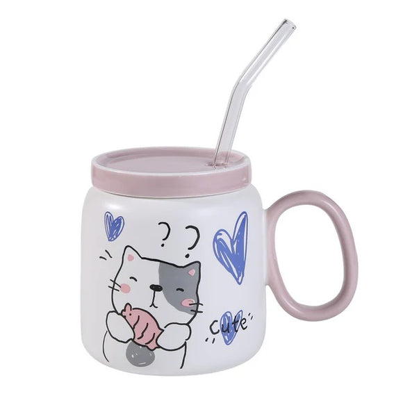 Mug w/ Lid & Straw Curious Cat 14oz