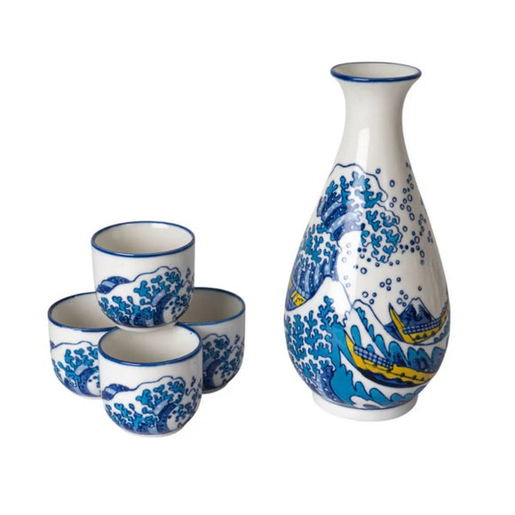 Sake Bottle 4 Cups Set Great Wave