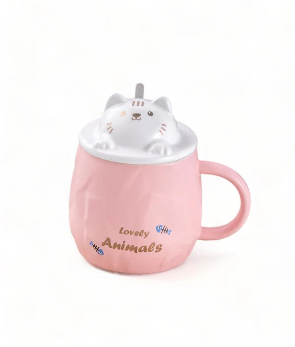 Mug with Lid Spoon Cat Pink 14.5oz
