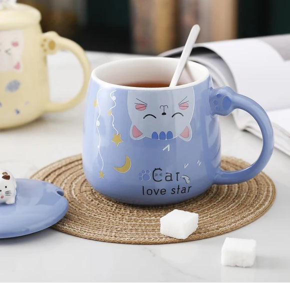 Mug with Lid and Spoon Cat Blue 15oz