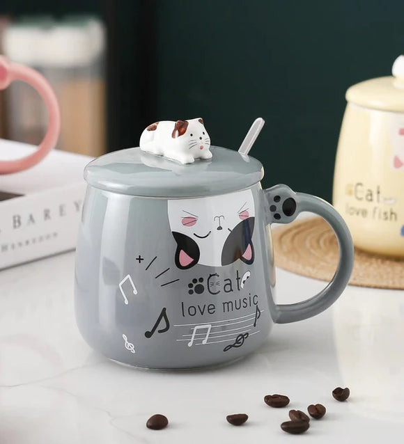 Mug with Lid and Spoon Cat Gray 15oz