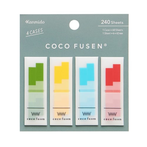 Kanmido Coco Fusen Sticky Notes | 4 Cases | 240 Sheets | 6 x 42mm | 4 Colors