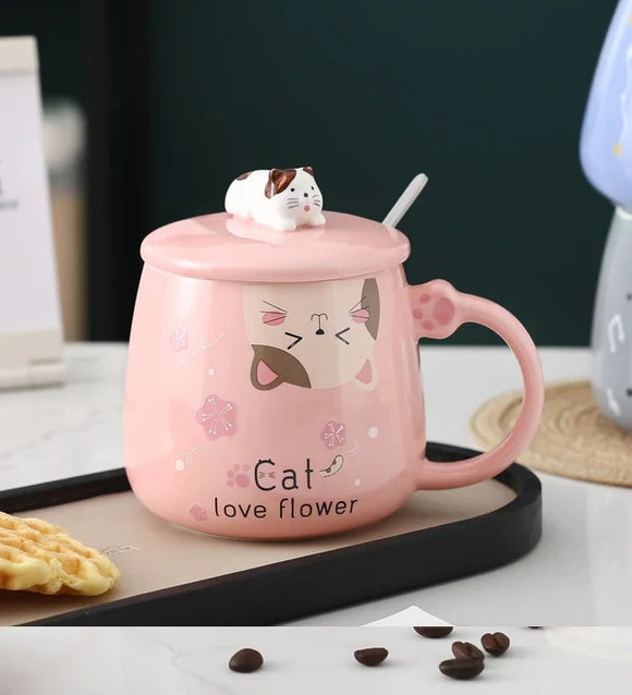 Mug with Lid and Spoon Cat Pink 15oz