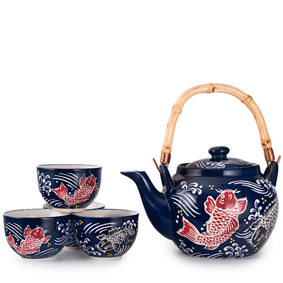 Tea Pot with Strainer and 4 Cups Koi Black
