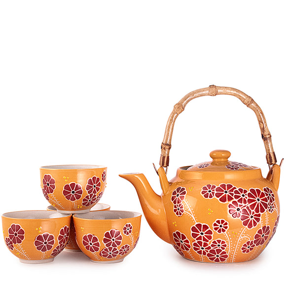 Tea Pot with Strainer and 4 Cups Flower Orange